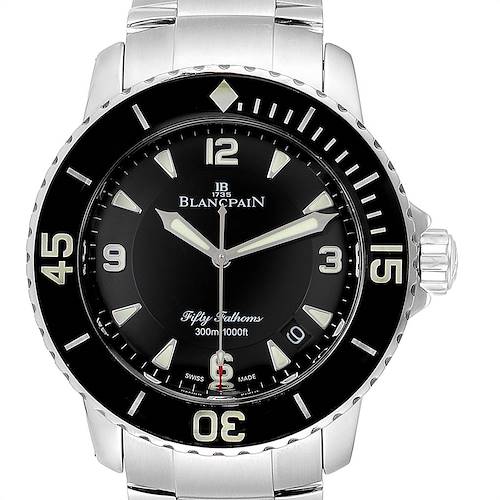 The image shows a front view of the Blancpain Fifty Fathoms 5015-1130-71 Men's Stainless Steel Black Dial 5015-1130-71 Men's Stainless Steel Black Dial watch, highlighting its dial, bezel, and metal bracelet.