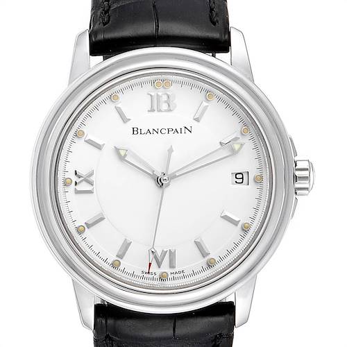 This image shows a frontal view of the Blancpain 2100-1127-53B Men's Stainless Steel White Dial 2100-1127-53B Men's Stainless Steel White Dial Leman Ultra Slim White Dial Steel Mens Watch 2100, showcasing its dial, hands, and leather strap.