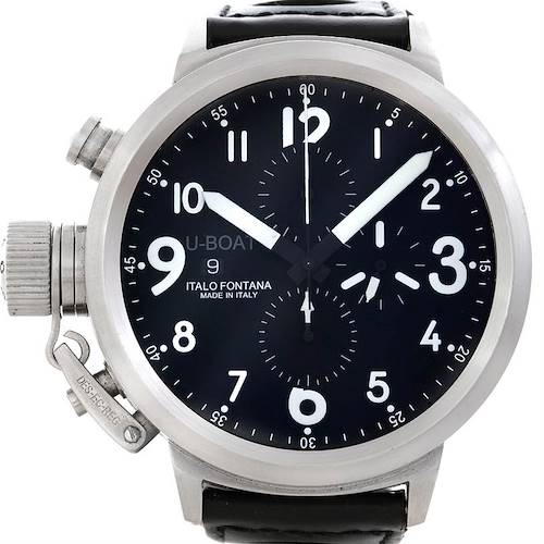 The image shows a front view of the U-Boat 7750 50 Men's Stainless Steel Black Dial 7750 50 Men's Stainless Steel Black Dial Flightdeck Steel Automatic Men's Watch 7750 50 model, highlighting its dial and crown.