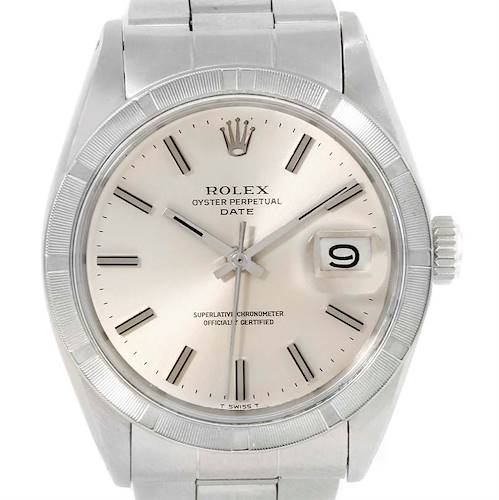 This image shows a Rolex Vintage Collection 1501 Men's Stainless Steel Silver Dial 1501 Men's Stainless Steel Silver Dial watch face and bracelet from a front angle, highlighting the dial, bezel, and crown.