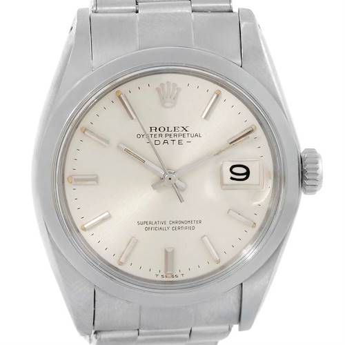 This image showcases a Rolex Vintage Collection 1500 Men's Stainless Steel Silver Dial 1500 Men's Stainless Steel Silver Dial watch, displaying the face, crown, and metal bracelet from a frontal angle.