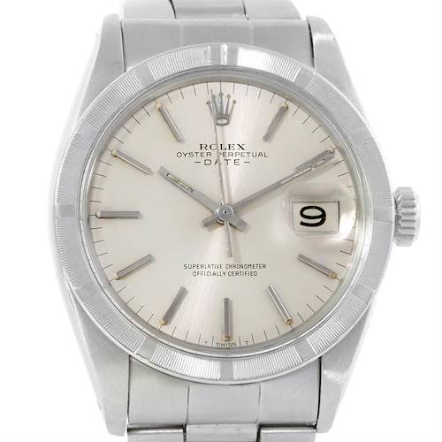 This image shows a front view of the Rolex Vintage Collection 1501 Men's Stainless Steel Silver Dial 1501 Men's Stainless Steel Silver Dial Oyster Perpetual Date watch, including its face, bezel, crown, and band.