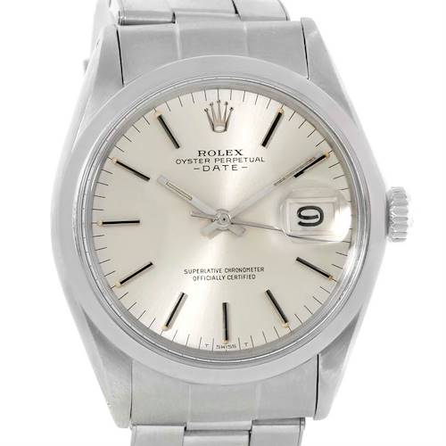 The image shows a front view of the Rolex Vintage Collection 1500 Men's Stainless Steel Silver Dial 1500 Men's Stainless Steel Silver Dial model watch, highlighting its face, date window, and part of the bracelet.