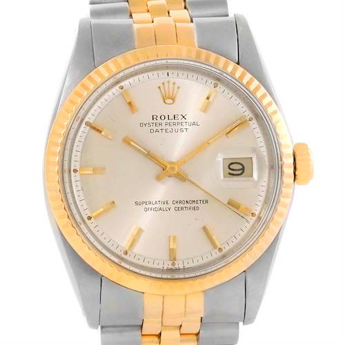 This is a close-up, front view of the Rolex Vintage Collection 1601 Men's Stainless Steel Silver Dial 1601 Men's Stainless Steel Silver Dial Oyster Perpetual Datejust watch, showing the dial, hands, and band.