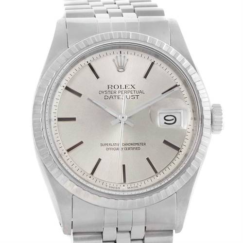This image shows the front view of a Rolex Vintage Collection 1603 Men's Stainless Steel Silver Dial 1603 Men's Stainless Steel Silver Dial Oyster Perpetual Datejust watch.