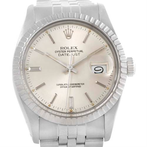 The image shows a frontal view of a Rolex Vintage Collection 16030 Men's Stainless Steel Silver Dial 16030 Men's Stainless Steel Silver Dial Datejust watch, highlighting the dial, hands, bezel, and bracelet.