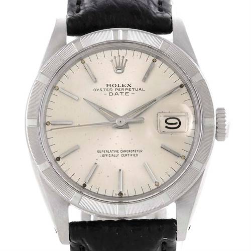 The image shows a front view of the Rolex Vintage Collection 1501 Men's Stainless Steel Silver Dial 1501 Men's Stainless Steel Silver Dial Oyster Perpetual Date watch, highlighting the dial, bezel, and crown.