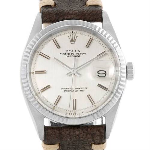 The image shows a frontal view of the Rolex Oyster Perpetual Datejust watch from the Vintage Collection, highlighting the dial, bezel, and strap.