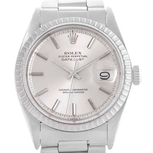 The image shows a frontal view of a Vintage Collection Rolex Oyster Perpetual Datejust watch, highlighting the dial, bezel, and bracelet.