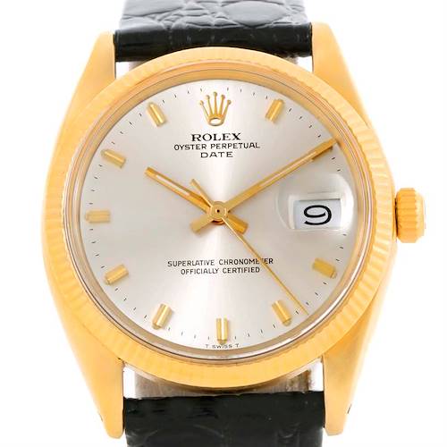 This image shows the Rolex Vintage Collection 1503 Men's Yellow Gold Silver Dial 1503 Men's Yellow Gold Silver Dial model watch from the front, highlighting the dial, crown, and a black strap.