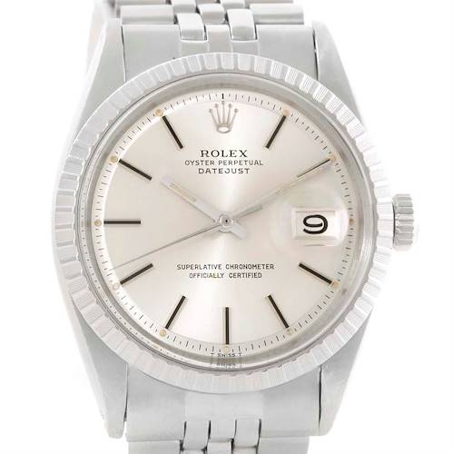 The image shows a front view of the Rolex Vintage Collection 1603 Men's Stainless Steel Silver Dial 1603 Men's Stainless Steel Silver Dial Datejust watch, highlighting the dial, bezel, and bracelet.