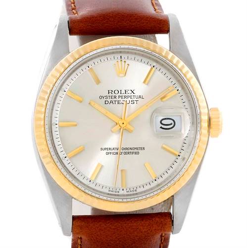 This image shows a front view of the Rolex Vintage Collection 1601 Men's Stainless Steel Silver Dial 1601 Men's Stainless Steel Silver Dial Datejust watch, highlighting its dial, hands, bezel, crown, and leather strap.