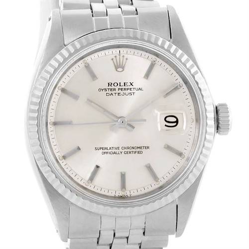 The image shows a front view of the Rolex Vintage Collection 1601 Men's Stainless Steel Silver Dial 1601 Men's Stainless Steel Silver Dial Datejust, including the dial, hands, date window, and part of the bracelet.