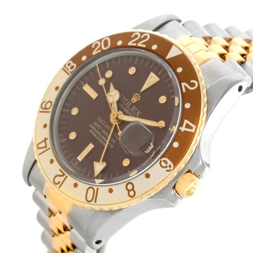 The image shows a close-up angle of the Rolex Vintage Collection 1675 Men's Stainless Steel Brown Dial 1675 Men's Stainless Steel Brown Dial watch, highlighting the bezel, dial, and part of the bracelet.