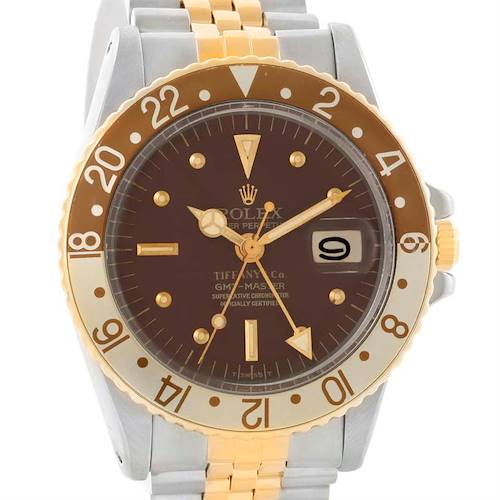 The image shows a front view of a Rolex Vintage Collection 1675 Men's Stainless Steel Brown Dial 1675 Men's Stainless Steel Brown Dial GMT-Master watch with a two-tone bracelet and a brown and gold bezel.