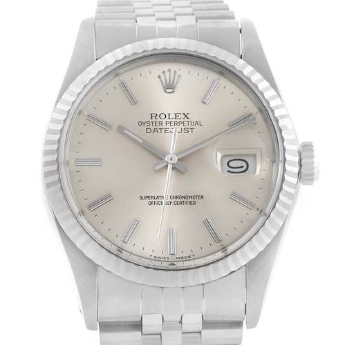 The image shows a front view of the Rolex Vintage Collection 16014 Men's Stainless Steel Silver Dial 16014 Men's Stainless Steel Silver Dial Datejust watch, displaying its face, bezel, and part of the bracelet.