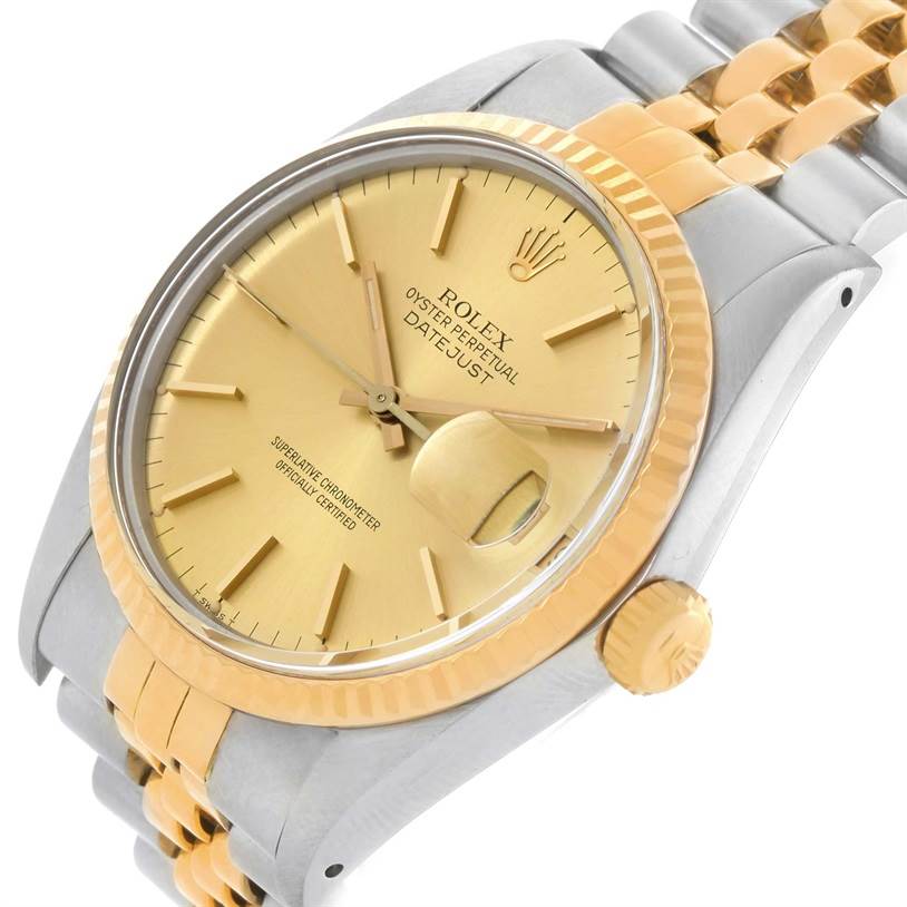 The Rolex Vintage Collection 16013 Men's Stainless Steel Champagne Dial 16013 Men's Stainless Steel Champagne Dial model is shown at an angled view, highlighting its gold dial, fluted bezel, and two-tone Jubilee bracelet.