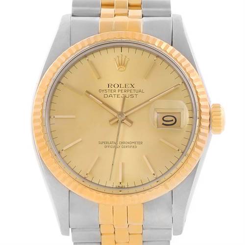 The image shows the front view of the Rolex Vintage Collection 16013 Men's Stainless Steel Champagne Dial 16013 Men's Stainless Steel Champagne Dial Datejust watch, displaying the dial, hands, date window, bezel, and bracelet.