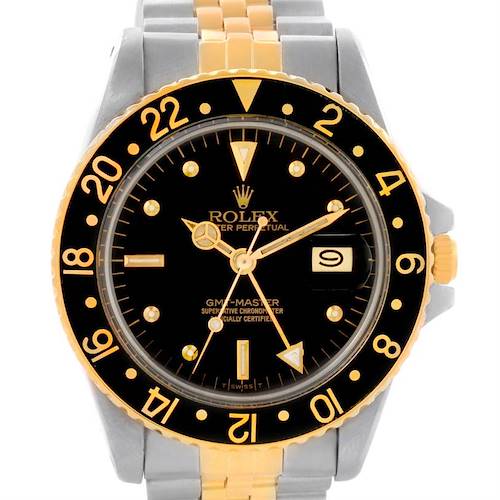This is a front view of the Rolex Vintage Collection 16753 Men's Stainless Steel Black Dial 16753 Men's Stainless Steel Black Dial GMT-Master watch, showing the dial, bezel, and part of the bracelet.