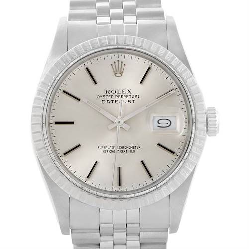 The image shows a front view of the Rolex Vintage Collection 16030 Men's Stainless Steel Silver Dial 16030 Men's Stainless Steel Silver Dial's Oyster Perpetual Datejust watch, highlighting the dial, hands, date, bezel, and band.