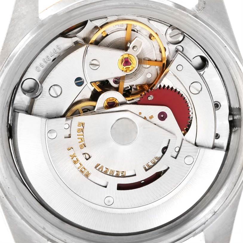 This image shows the inner mechanism and movement parts of a Rolex Vintage Collection 16013 Men's Stainless Steel Champagne Dial 16013 Men's Stainless Steel Champagne Dial watch from a back angle.