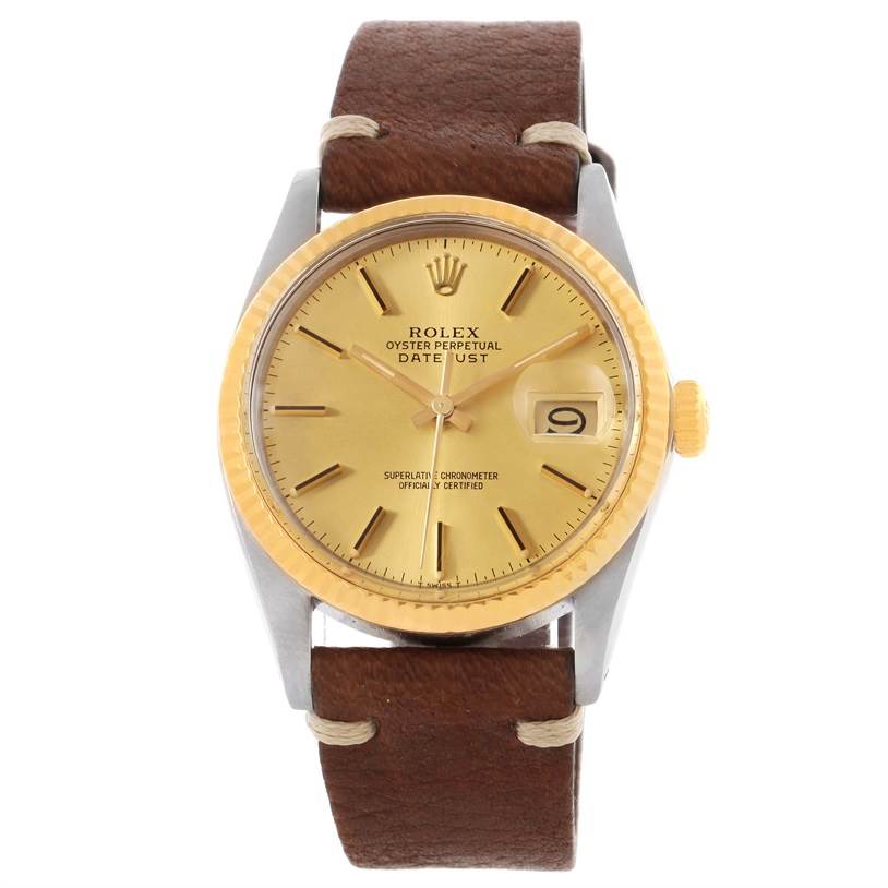 The image shows a frontal view of the Rolex Vintage Collection 16013 Men's Stainless Steel Champagne Dial 16013 Men's Stainless Steel Champagne Dial model Datejust watch with a brown leather strap.