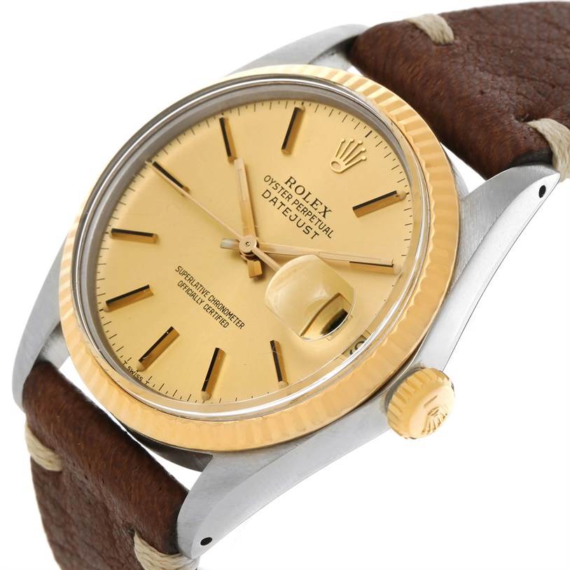 The Rolex Vintage Collection 16013 Men's Stainless Steel Champagne Dial 16013 Men's Stainless Steel Champagne Dial model Datejust watch is shown at a slight side angle, focusing on the dial, crown, and leather strap.