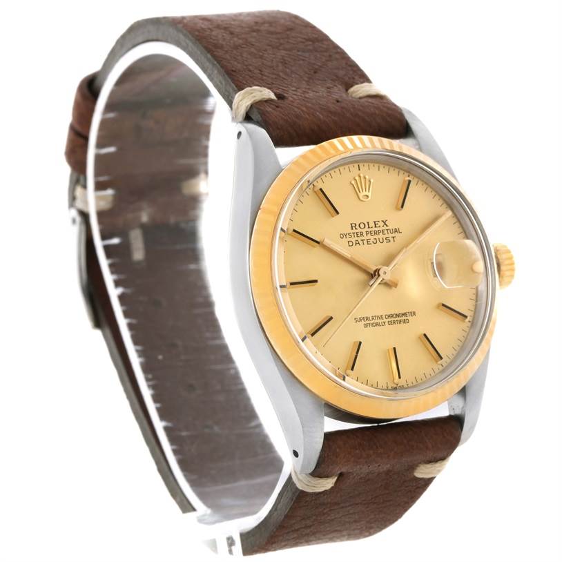 The image shows a Rolex Vintage Collection 16013 Men's Stainless Steel Champagne Dial 16013 Men's Stainless Steel Champagne Dial Oyster Perpetual Datejust watch from an angled side view, highlighting the face, bezel, and strap.