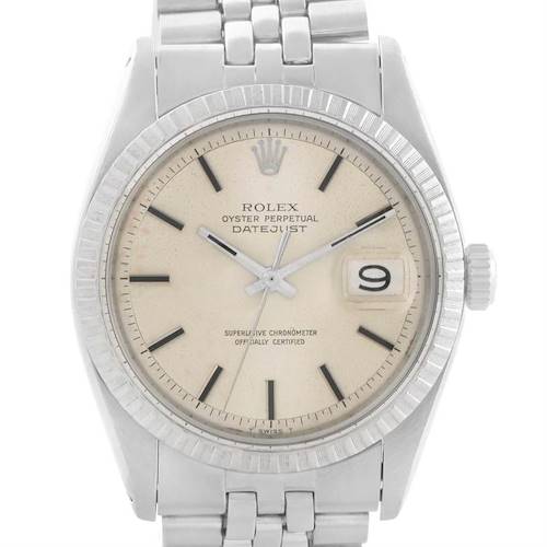 The image shows a Vintage Collection Rolex Datejust watch from a frontal angle, highlighting its face, bezel, and bracelet.
