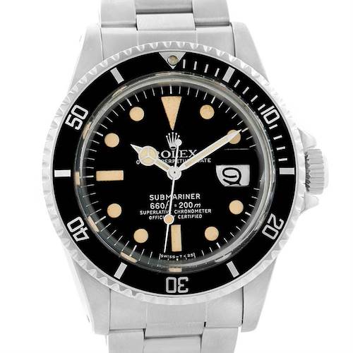 The image shows a front view of the Rolex Vintage Collection 1680 Men's Stainless Steel Black Dial 1680 Men's Stainless Steel Black Dial Submariner watch, highlighting its black dial, date window, and stainless steel bracelet.