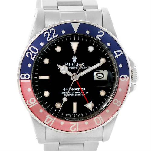 This image shows a front view of the Rolex Vintage Collection 16750 Men's Stainless Steel Black Dial 16750 Men's Stainless Steel Black Dial GMT-Master watch, highlighting the dial, bezel, and bracelet.