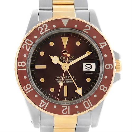 The Rolex Vintage Collection 1675 Men's Stainless Steel Brown Dial 1675 Men's Stainless Steel Brown Dial watch is shown from the front, featuring the face, bezel, and part of the bracelet.