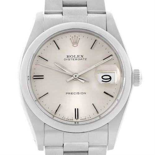 The image shows a front view of the Rolex Vintage Collection 6694 Men's Stainless Steel Black Dial 6694 Men's Stainless Steel Black Dial Oysterdate watch, highlighting its dial, hands, date window, and bracelet.