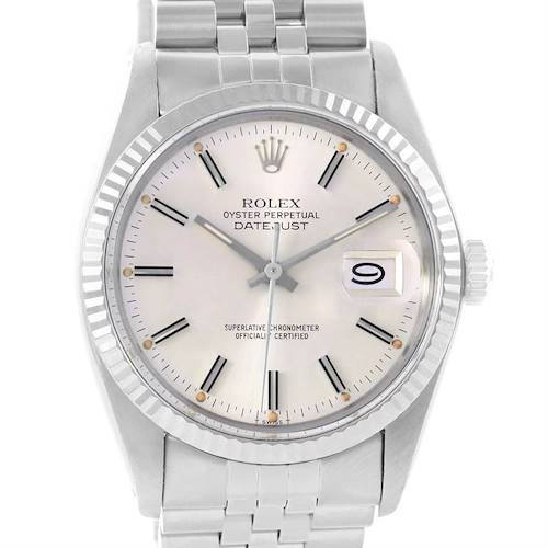 The image shows a front view of the Rolex Vintage Collection 16014 Men's Stainless Steel Silver Dial 16014 Men's Stainless Steel Silver Dial Datejust watch, featuring its dial, hands, and bracelet.