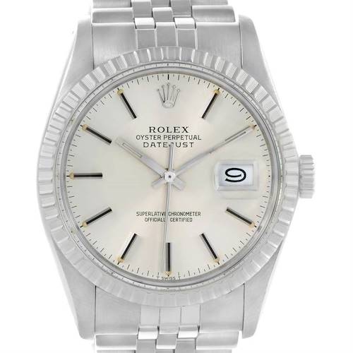 This image shows a frontal view of the Rolex Vintage Collection 16030 Men's Stainless Steel Silver Dial 16030 Men's Stainless Steel Silver Dial Datejust watch, highlighting its dial, bezel, and bracelet.