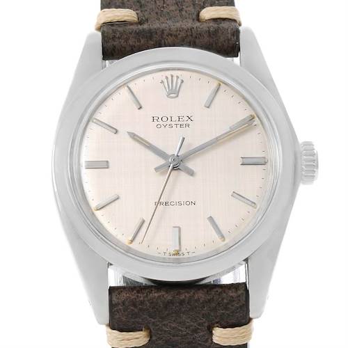 This image shows a front view of the Rolex Vintage Collection 6426 Men's Stainless Steel Silver Dial 6426 Men's Stainless Steel Silver Dial watch, highlighting the dial, hands, crown, and part of the leather strap.