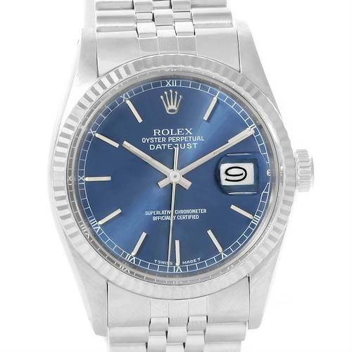 The image shows a front view of a Rolex Vintage Collection 16014 Men's Stainless Steel Silver Dial 16014 Men's Stainless Steel Silver Dial Oyster Perpetual Datejust, highlighting the dial, bezel, and part of the bracelet.