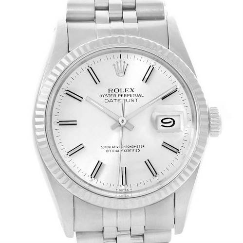 The image shows a front view of a Rolex Vintage Collection 16014 Men's Stainless Steel Silver Dial 16014 Men's Stainless Steel Silver Dial Datejust model, highlighting the dial, hour markers, hands, and date window.
