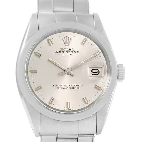 The image shows a front view of a Rolex Vintage Collection 1500 Men's Stainless Steel Silver Dial 1500 Men's Stainless Steel Silver Dial Oyster Perpetual Date watch, highlighting its dial and bracelet.