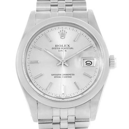 The image shows a front view of the Rolex Vintage Collection 15000 Men's Stainless Steel Silver Dial 15000 Men's Stainless Steel Silver Dial watch, highlighting its dial, bezel, bracelet, and crown.