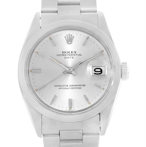 The image shows a front view of a Rolex Vintage Collection 1500 Men's Stainless Steel Silver Dial 1500 Men's Stainless Steel Silver Dial Oyster Perpetual Date watch.