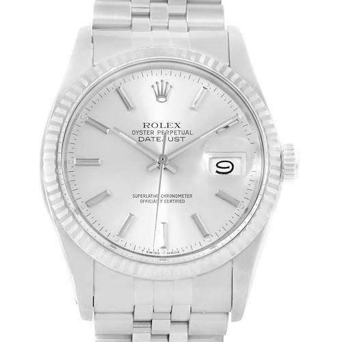The image displays a frontal view of the Rolex Vintage Collection 16014 Men's Stainless Steel Silver Dial 16014 Men's Stainless Steel Silver Dial Oyster Perpetual Datejust watch, showcasing its dial, bracelet, and crown.