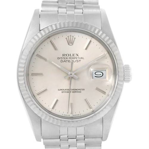 The image shows a Rolex Vintage Collection 16014 Men's Stainless Steel Silver Dial 16014 Men's Stainless Steel Silver Dial Datejust model, capturing the dial, bezel, crown, and part of the bracelet from a front angle.