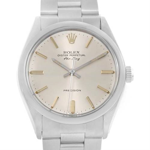 This image shows a front view of a Rolex Vintage Collection 5500 Men's Stainless Steel Silver Dial 5500 Men's Stainless Steel Silver Dial Oyster Perpetual Air-King watch face and part of the bracelet.
