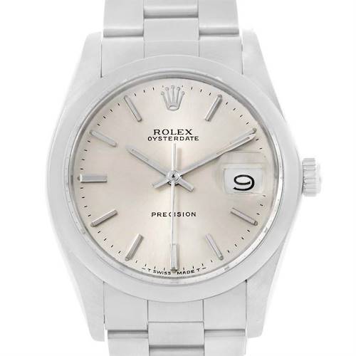 The image shows a front view of the Rolex Vintage Collection 6694 Men's Stainless Steel Silver Dial 6694 Men's Stainless Steel Silver Dial Oysterdate watch, displaying the dial, hour markers, date, and part of the bracelet.