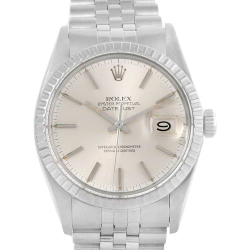 The image shows a front view of the Rolex Oyster Perpetual Datejust model from the Vintage Collection, displaying its dial, bezel, and bracelet.