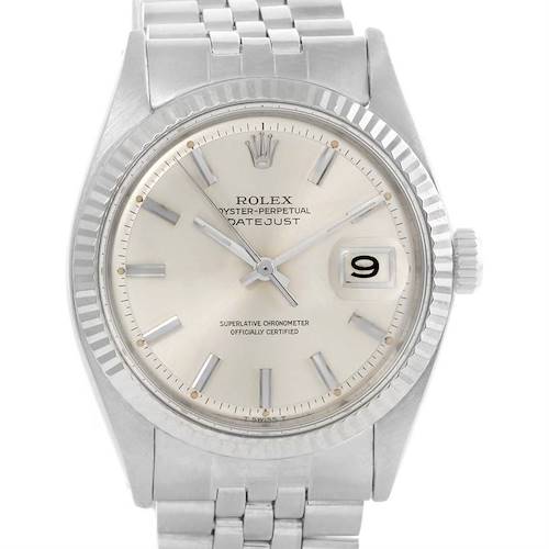 This image shows a front view of the Vintage Collection Rolex Oyster Perpetual Datejust, including the face, bezel, and part of the bracelet.