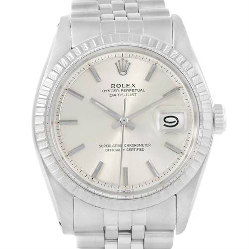 The image shows a front view of a Rolex Vintage Collection 1603 Men's Stainless Steel Silver Dial 1603 Men's Stainless Steel Silver Dial Datejust watch, displaying its face, bezel, and part of the bracelet.