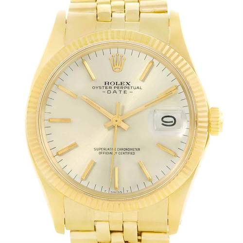 The image features a close-up of the front view of a Rolex Vintage Collection 1503 Men's Yellow Gold Silver Dial 1503 Men's Yellow Gold Silver Dial model watch, highlighting the dial, hands, date window, and bezel.