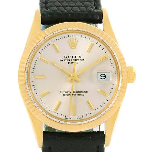 The image shows a front-facing view of a Rolex Vintage Collection 15037 Men's Yellow Gold Silver Dial 15037 Men's Yellow Gold Silver Dial Oyster Perpetual Date watch with a black leather strap and gold accents.